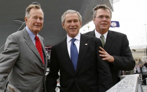 Former President Bush, President Bush and Governor Bush depart the christening ceremony of the USS George H.W. Bush in Virginia
