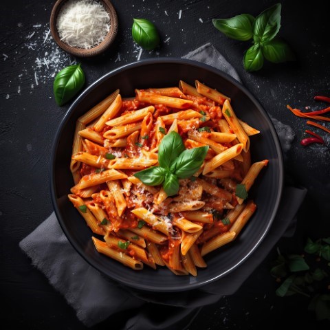 classic-italian-pasta-penne-alla-arrabiata-with-freshly-cheese-dark-table-top-view-generative-ai