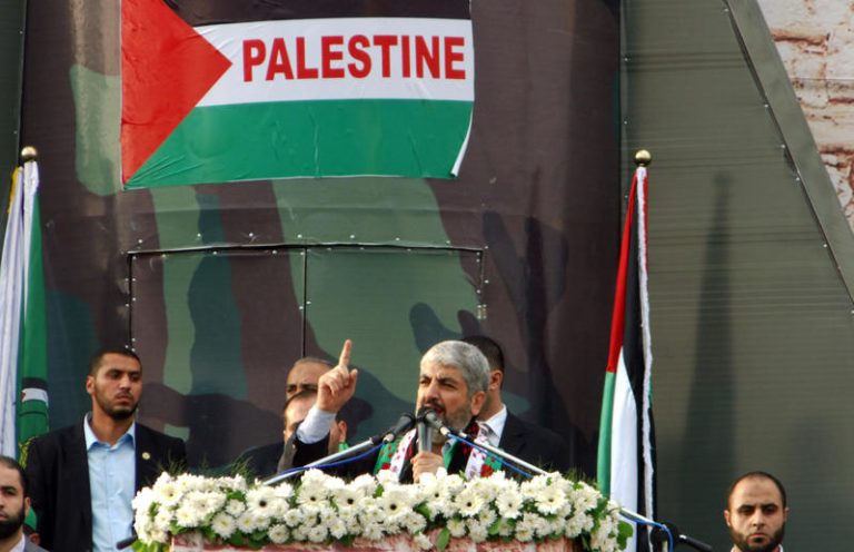 Hamas leader in exile Khaled Meshaal in Gaza Strip, timed to coincide with the 25th anniversary