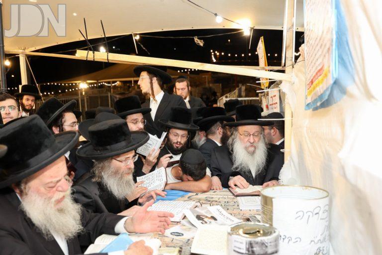אדמו''ר מנדבורנה והמשפיע רבי אלימלך בידרמן בתפילה בציון ה'אור החיים' צילום א אייזנבאך (2)