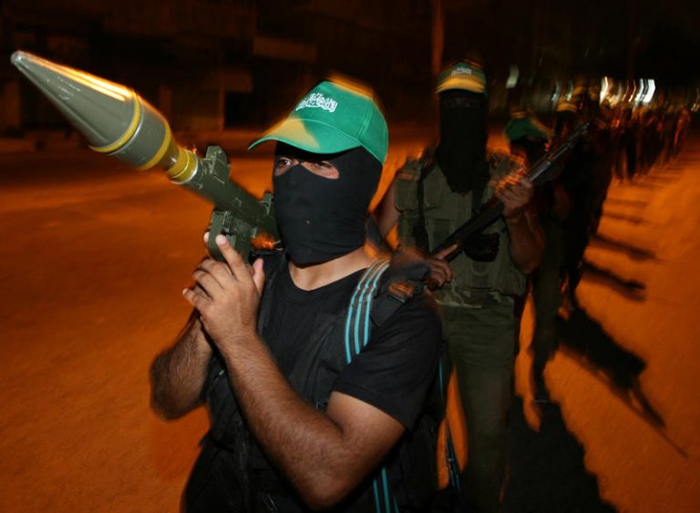 Palestinian Hamas militants take part in a training exercise